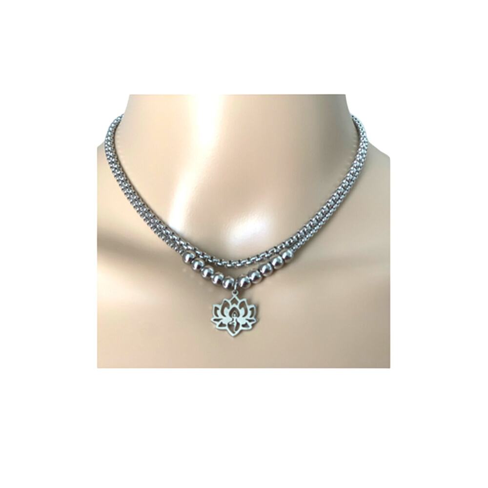 Necklace Lotus Yoga Silver Double Layer Women's Jewelry Stainless Steel